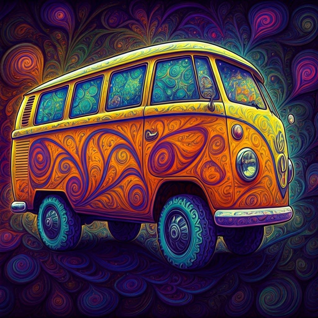 Vibrant Hippie Bus in Whimsical Fractal Pattern