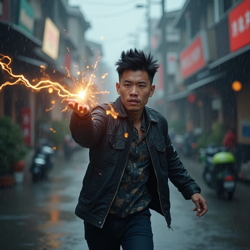 Punk Asian Man Casts Lightning Spell on Rainy Street