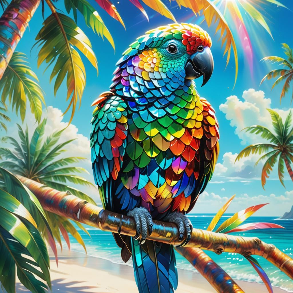 Crystal Parrot on Tropical Beach, Surreal Digital Art
