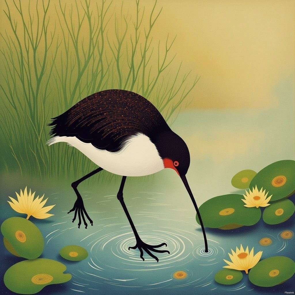 Avocet Bird in Serene Wetland Scene, Inspired by Audubon and...
