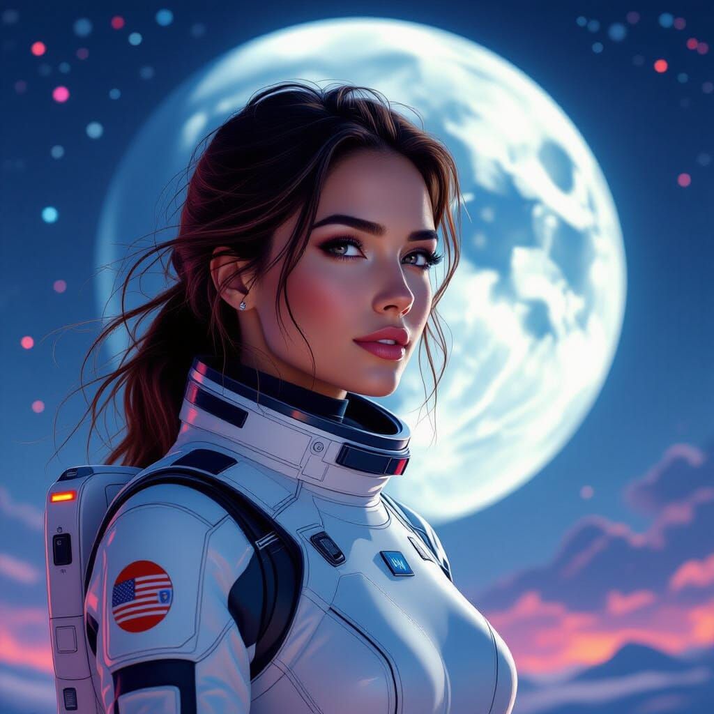 Serene Woman Tracking Moon in Futuristic Style