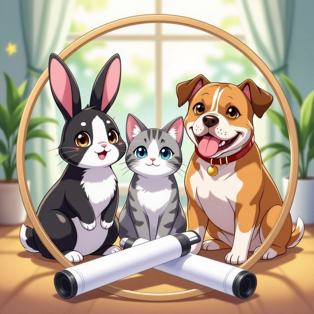 Anime Bunny, Cat, and Dog with Lint Rollers