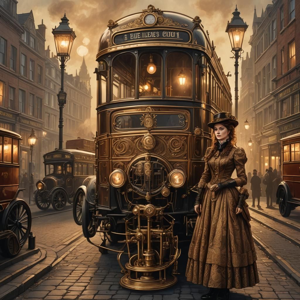 Steampunk Woman Poses with Victorian London Bus