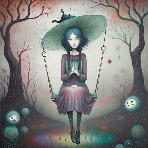 Pop Surrealist Girl on Swing in Autumn Rain