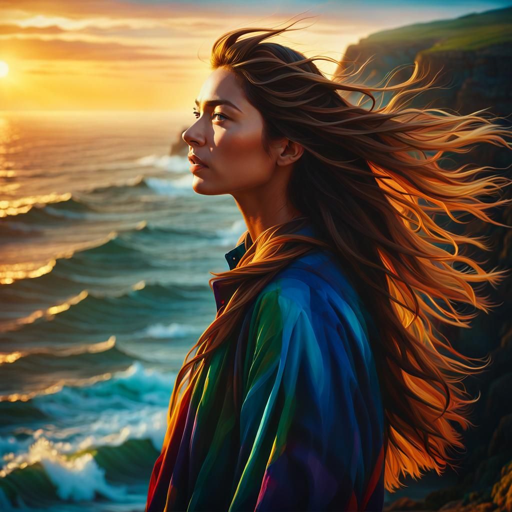 Woman on Windswept Cliff in Oil Painting Style