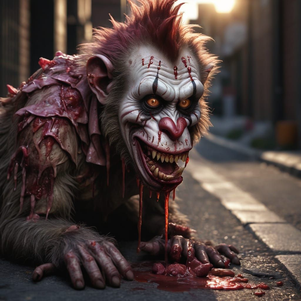 Zombie Monkey Clown's Maniacal Feast in Golden Hour