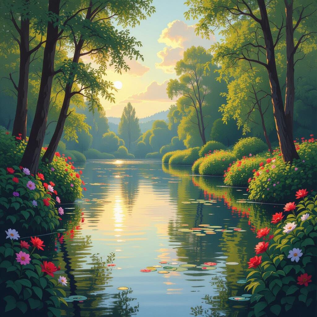 Serene Lake Reflecting Vibrant Nature in Impressionist Style
