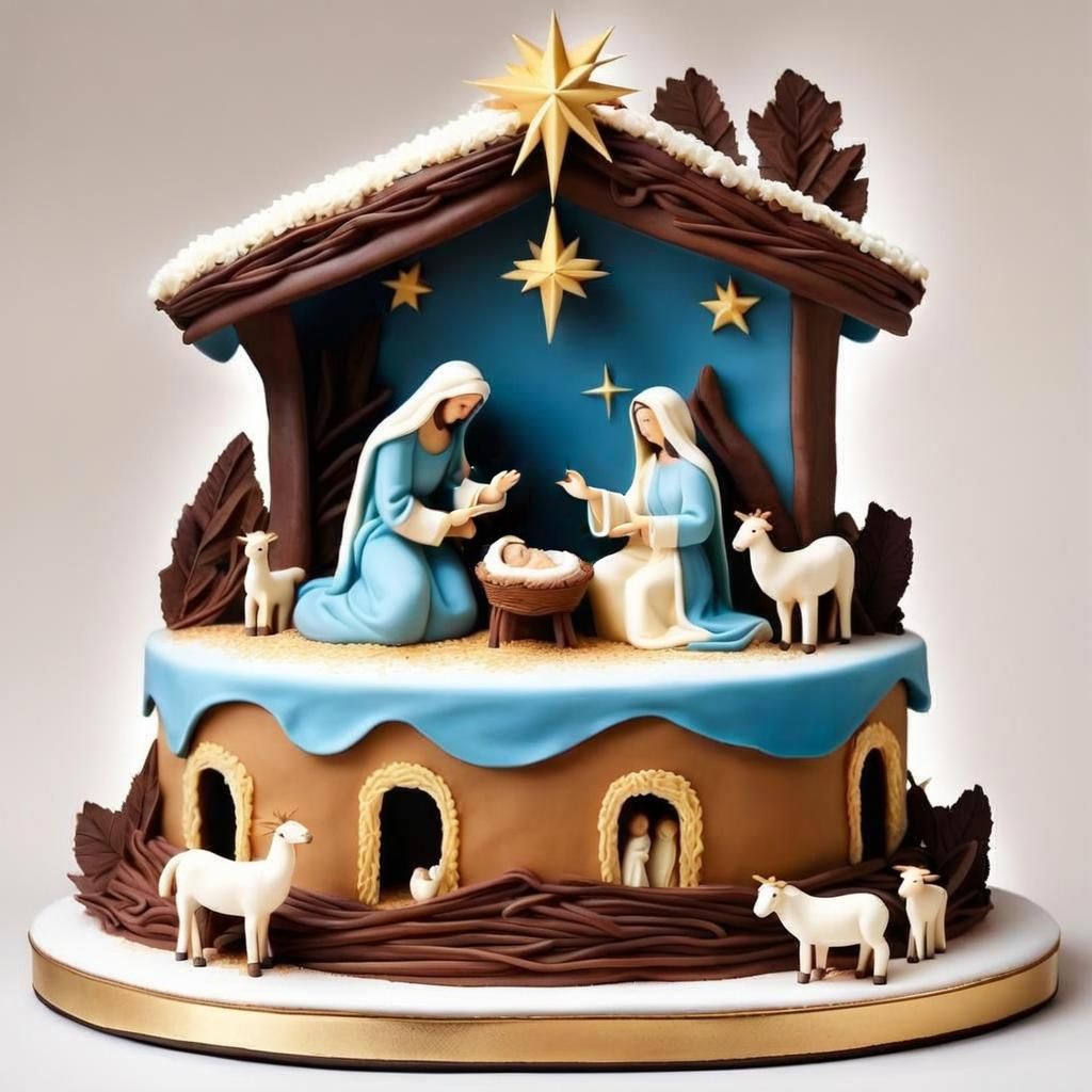 a statue of a nativity scene made of a single cake, the statue appears to be edible.
Carved, symmetrical, depicting Mary...