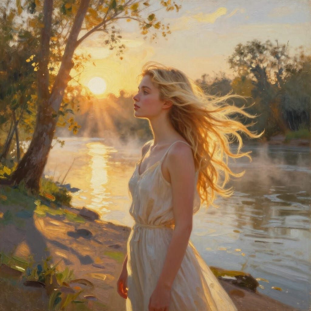 Blonde Girl by River at Golden Hour, Impressionistic Oil Pai...
