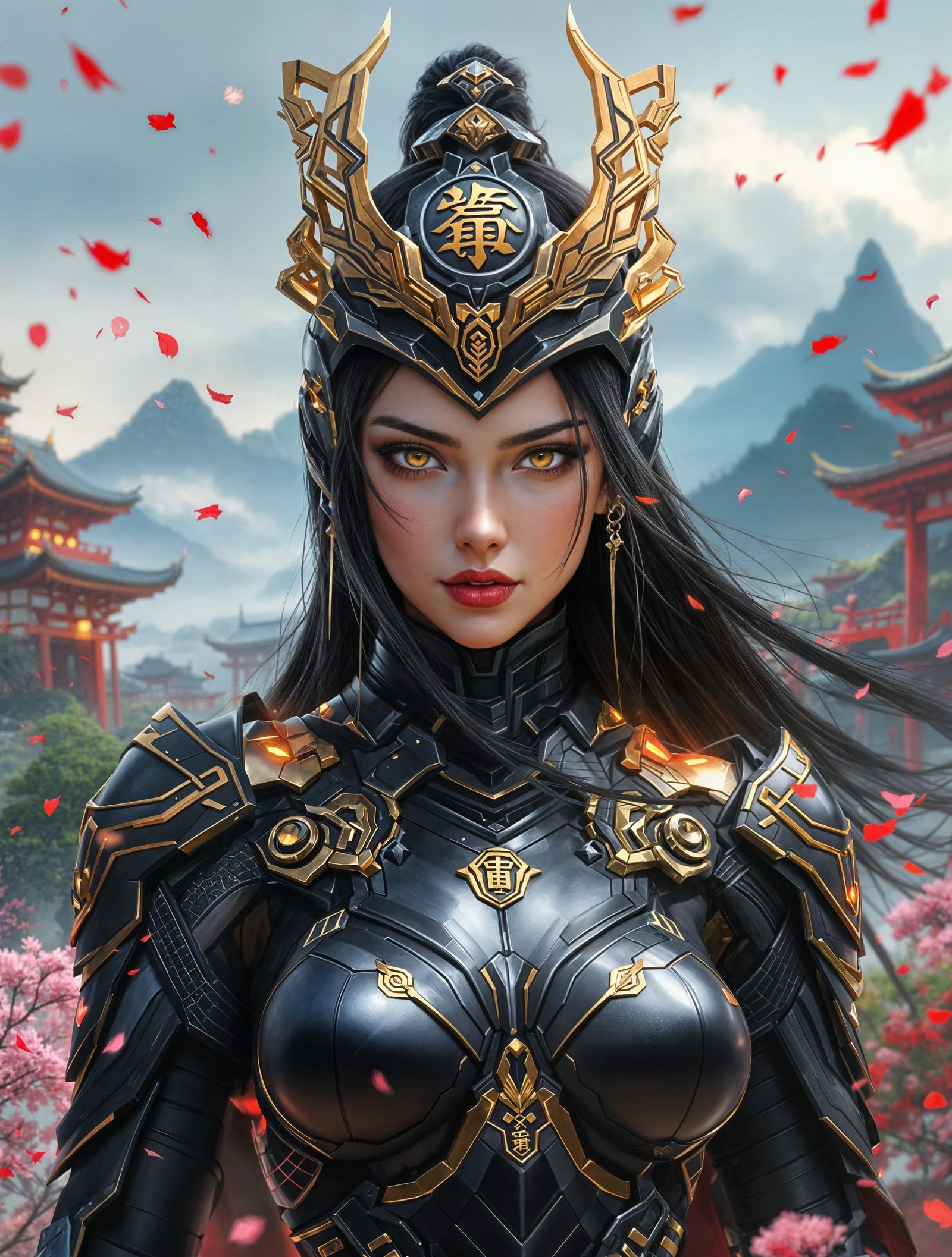 Cyberpunk Samurai Warrior in Hyperrealistic Asian Landscape