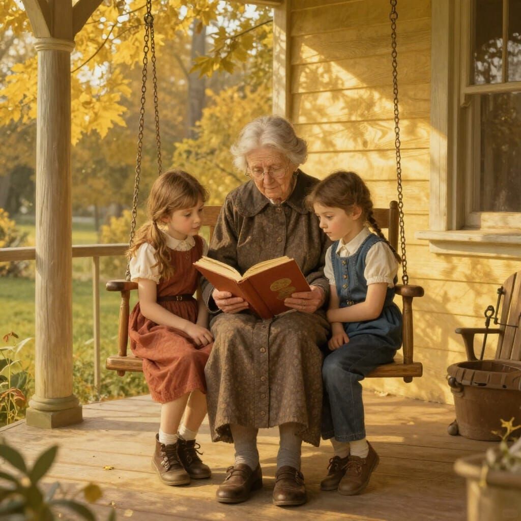 Grandmother Reads to Grandchildren on Golden Hour Porch