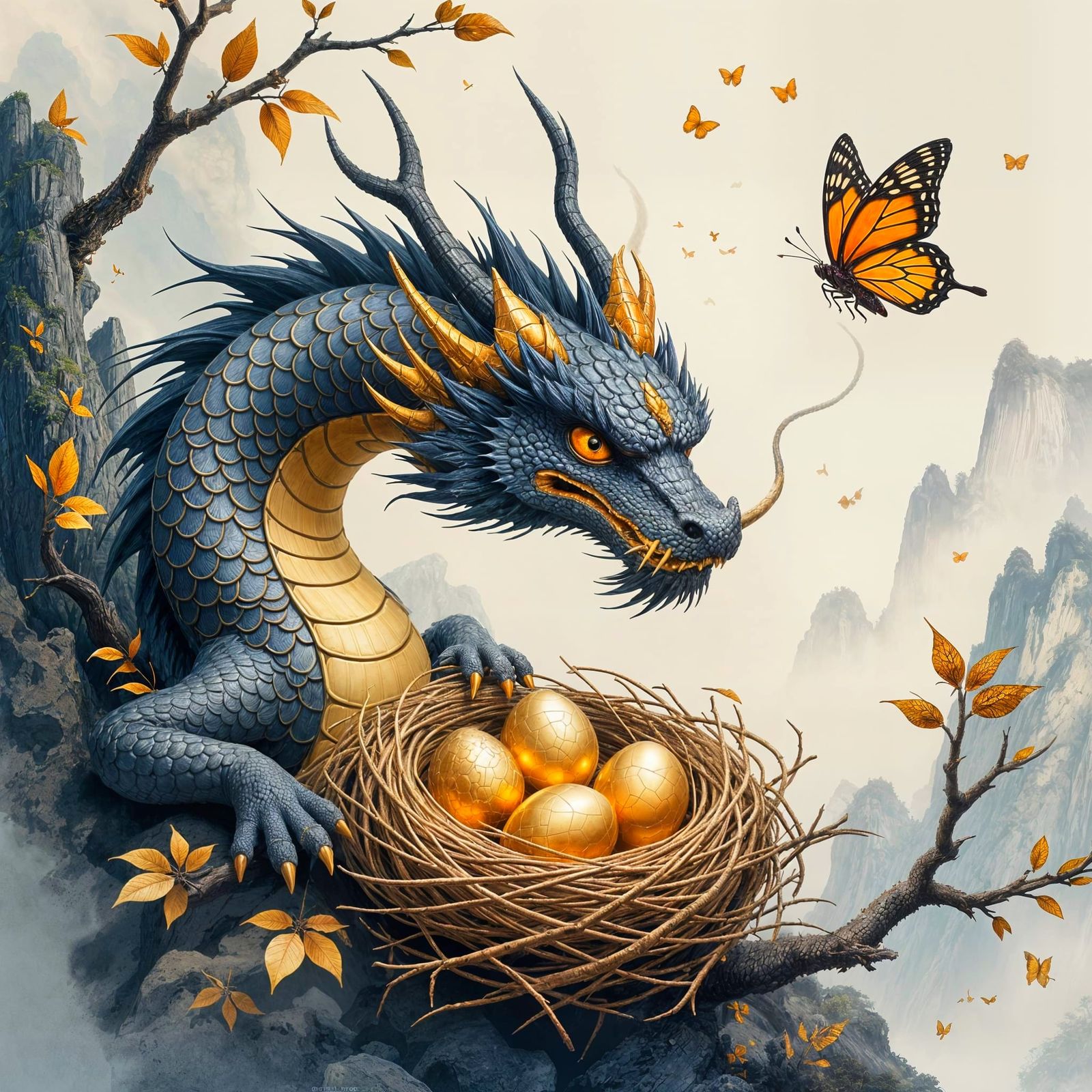 close up of a dragon, each scale clearly visible, golden egg...