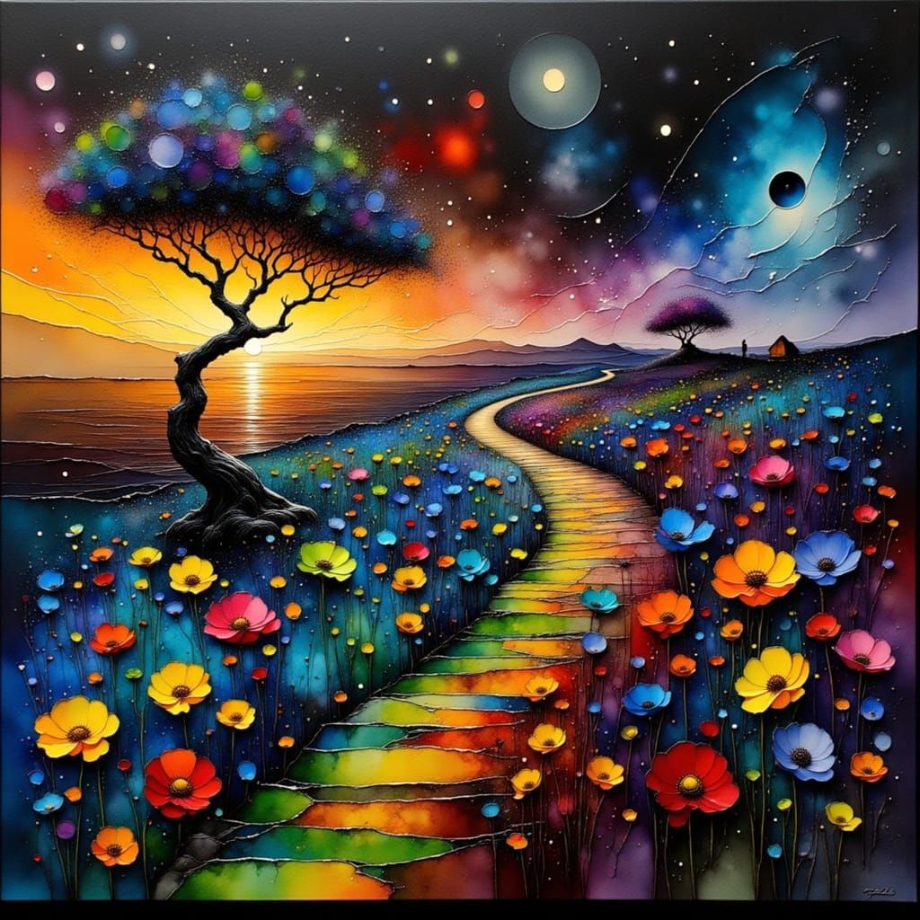 Abstract Tree in Vibrant Colors, Ink Painting Style