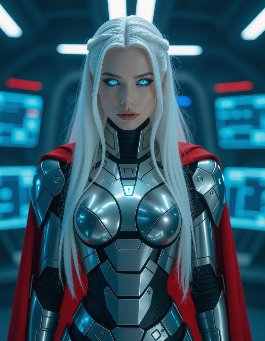 Cybernetic Woman in Futuristic Armor with Glowing Eyes