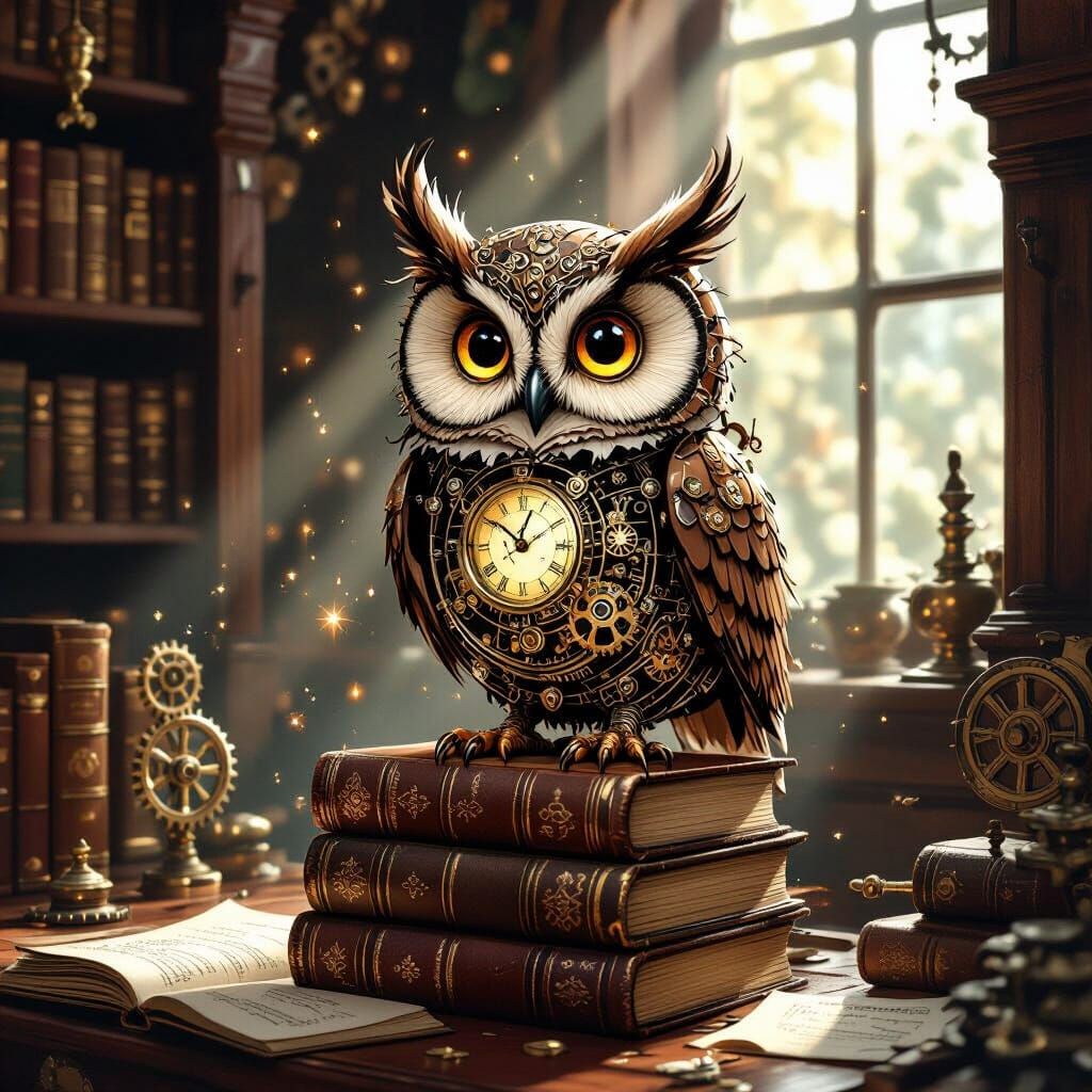 Steampunk Clockwork Owl in Antique Study