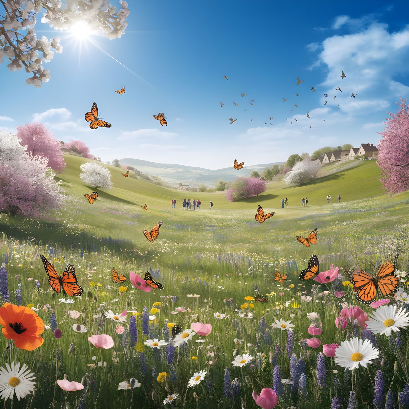 Vibrant Spring Landscape with Wildflowers and Quaint Village