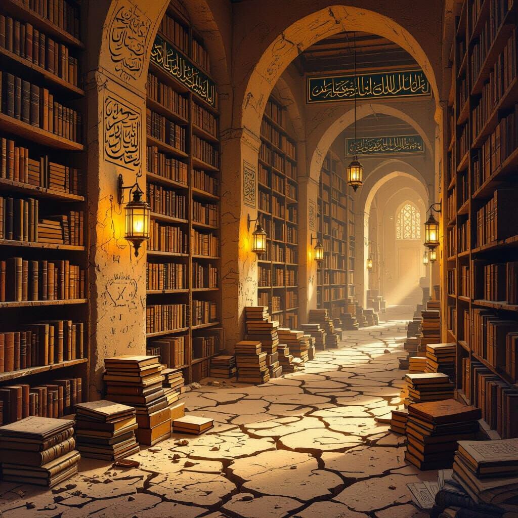 Mystical Desert Library with Ancient Arabic Calligraphy