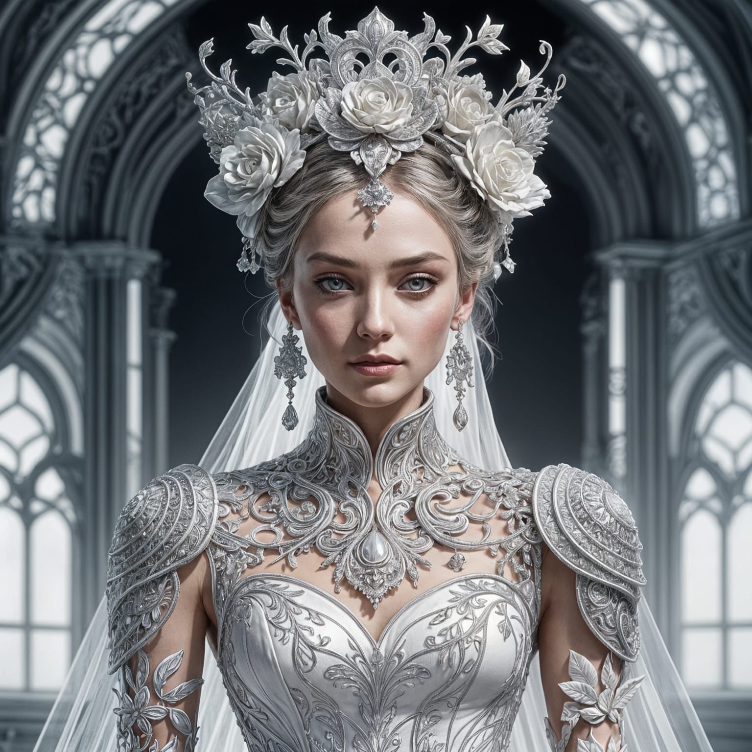 Elegant Woman in Intricate Bridal Gown, Digital Art
