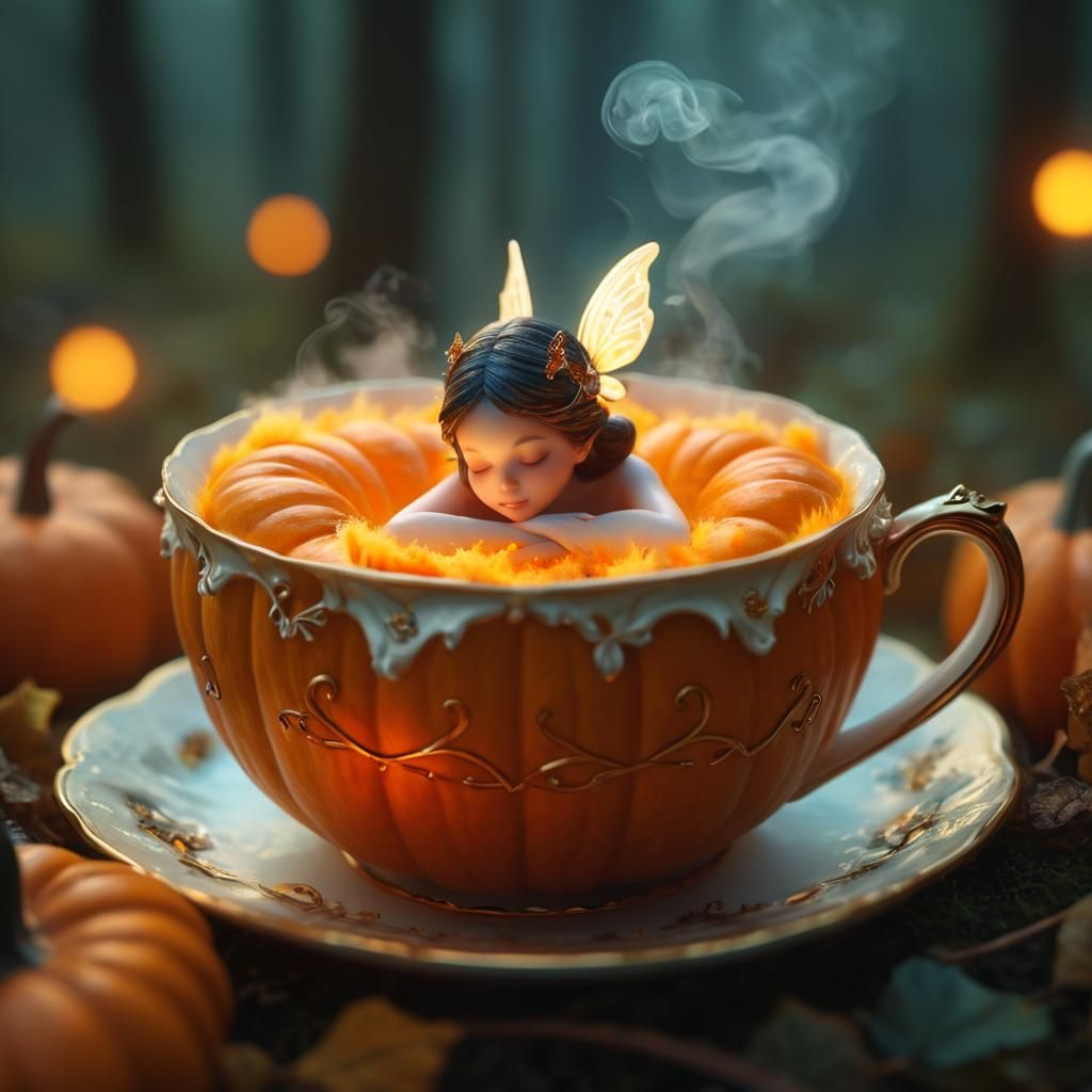 Fairy Asleep in Pumpkin Teacup: Whimsical Fantasy Art