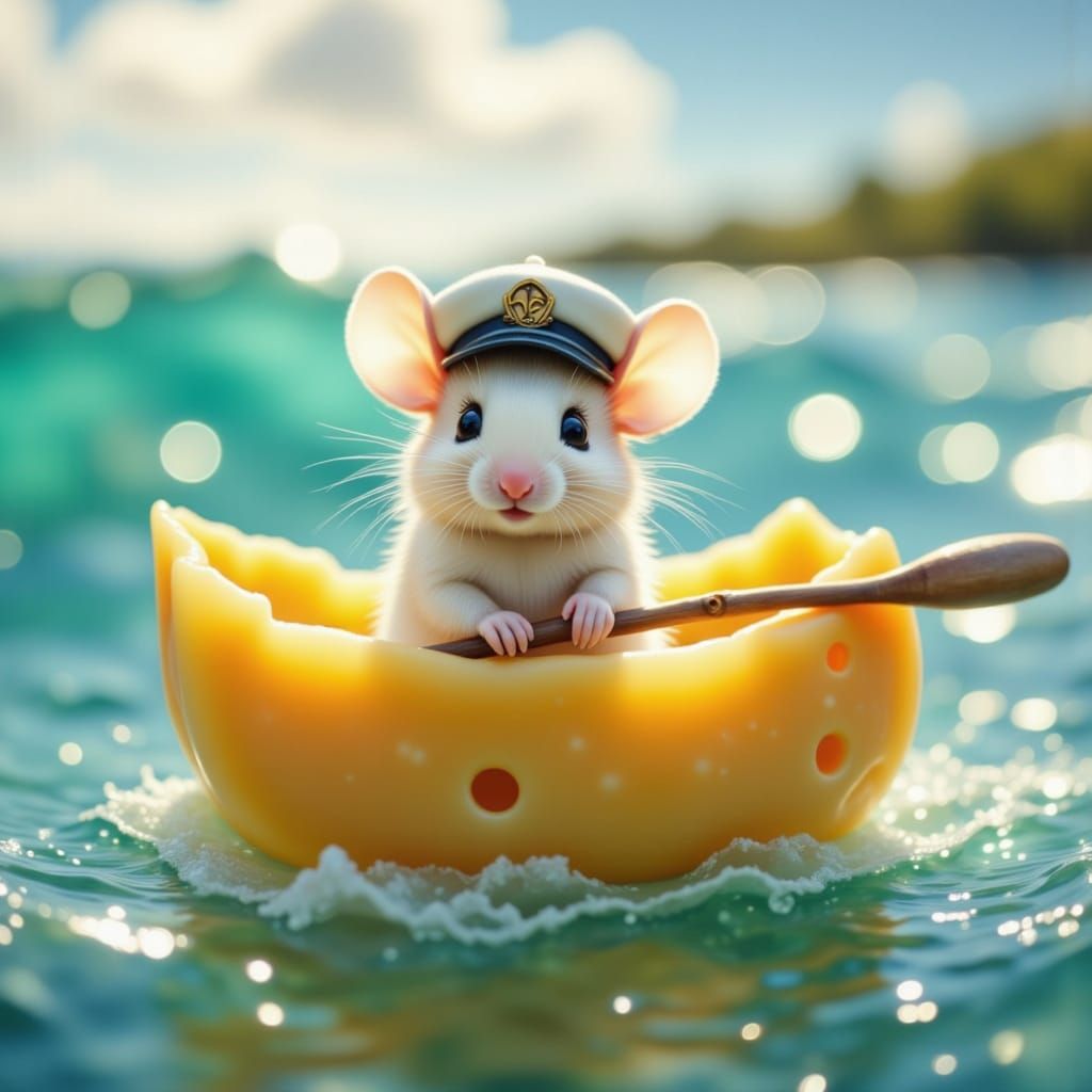 Cute Mouse Sailor Steers Cheese Boat on Turquoise Sea