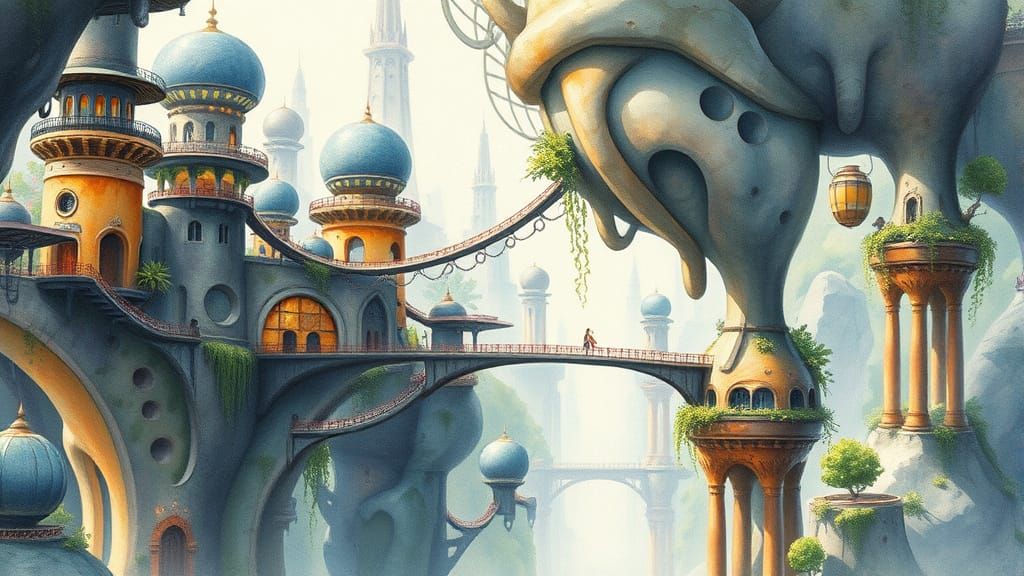 Dreamlike Futuristic Cityscape in Watercolor