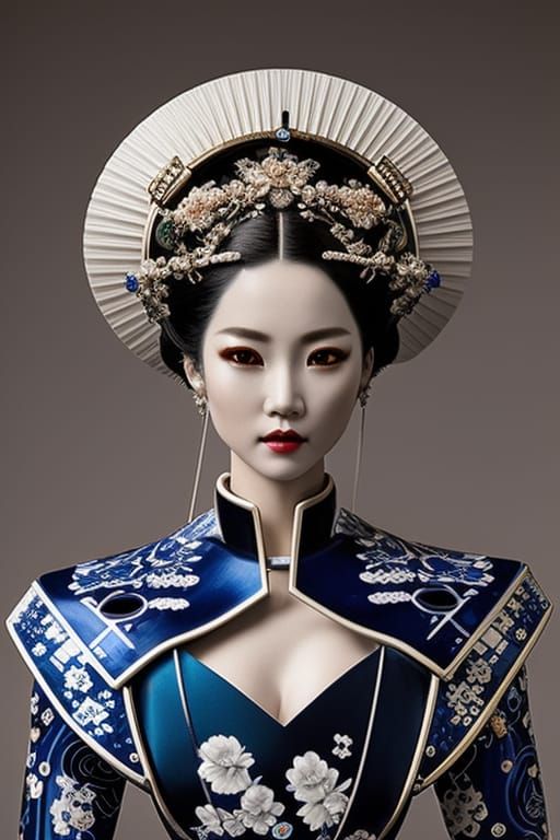 Cyberpunk Porcelain Geisha Portrait: Detailed Digital Art