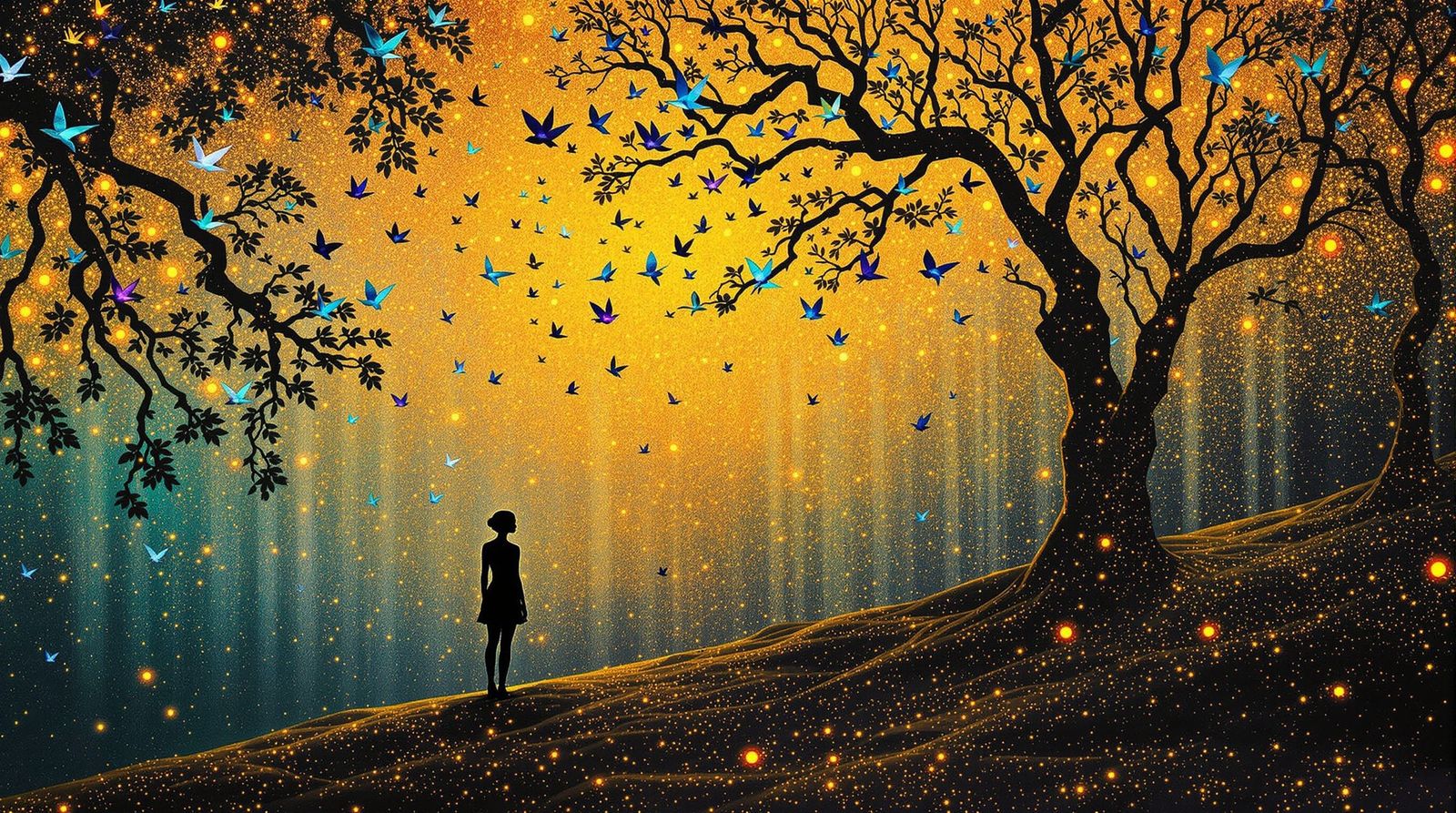 Woman in Alien Forest: Klimt-Inspired Bioluminescence