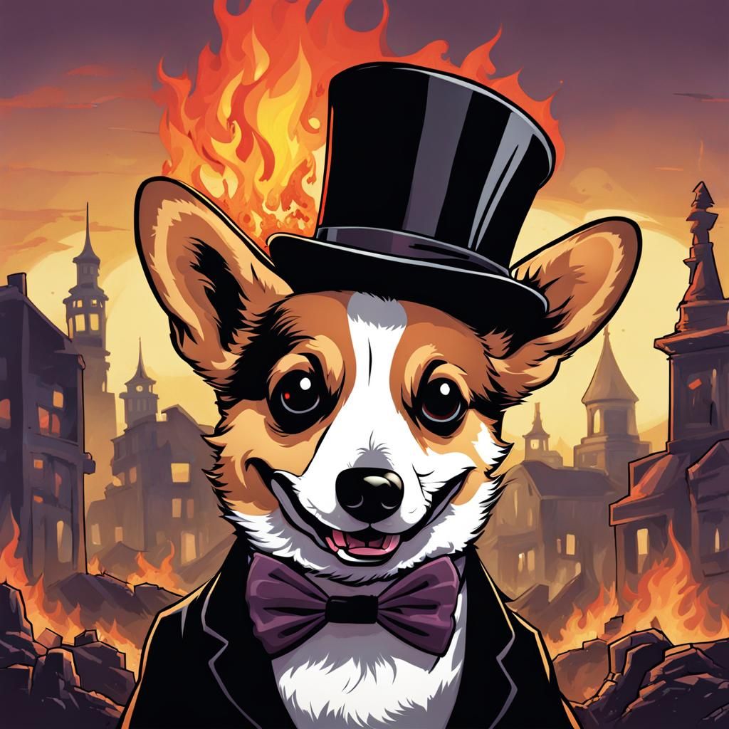 Zombie Corgi in Top Hat Amidst Burning Buildings