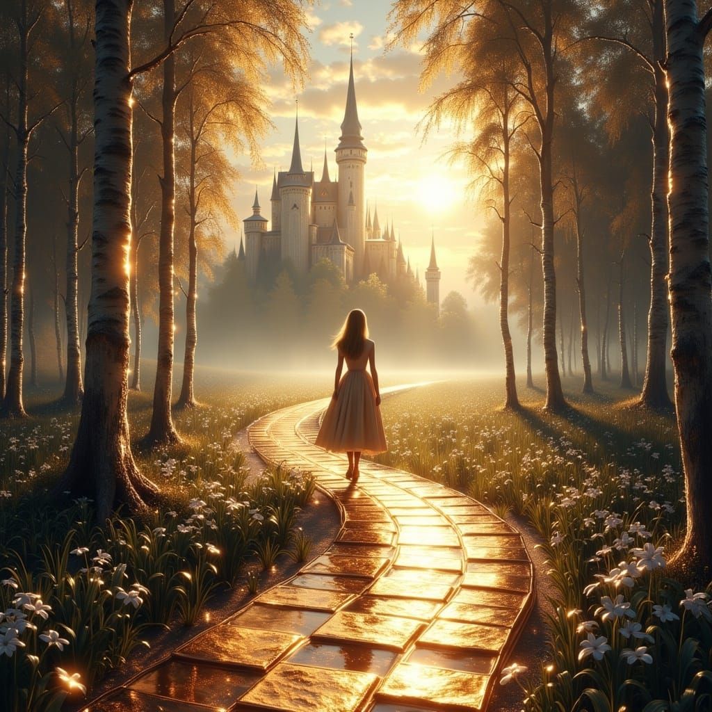 Ethereal Path to Opalescent Castle in Dreamy Style