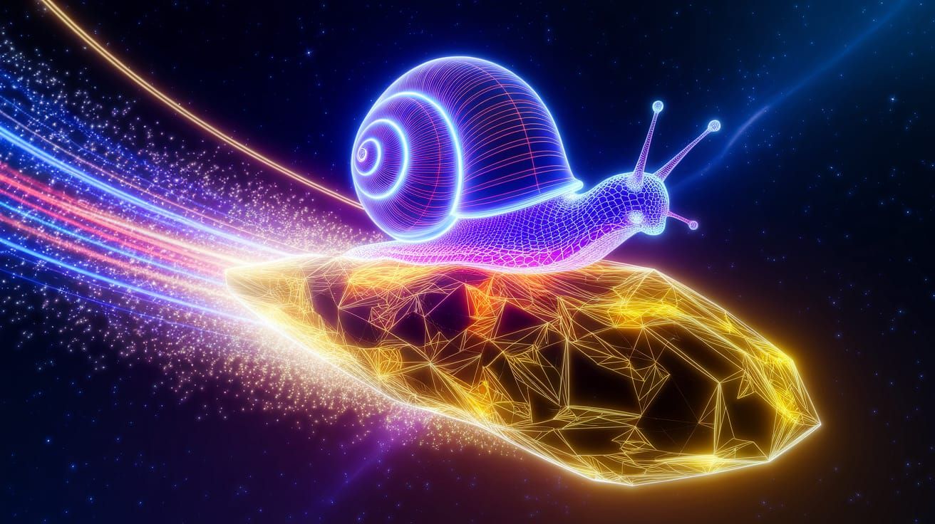 Psychedelic Laser Snail on Glowing Meteor in Deep Space