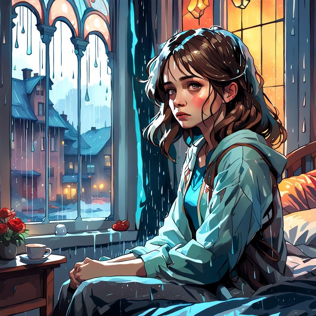 Melancholy Brunette: Expressionist Portrait in Rain