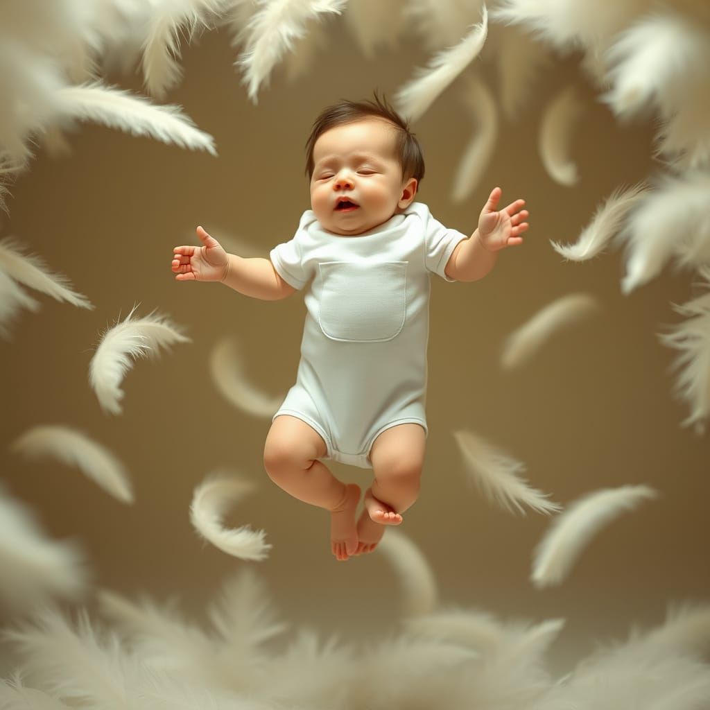 Baby Levitates Amidst Soft Feathers in Dreamy Whimsy