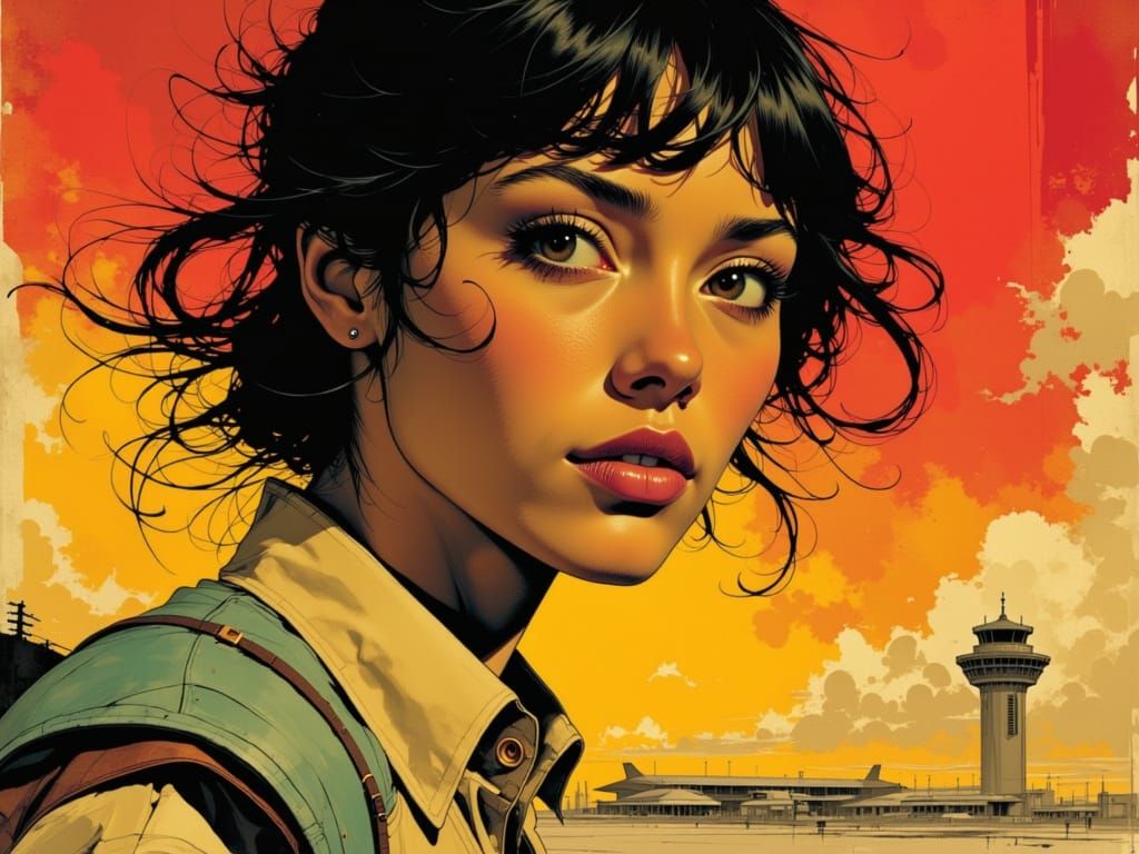 Vibrant Pin-Up Flight Attendant in Detailed Airport Scene