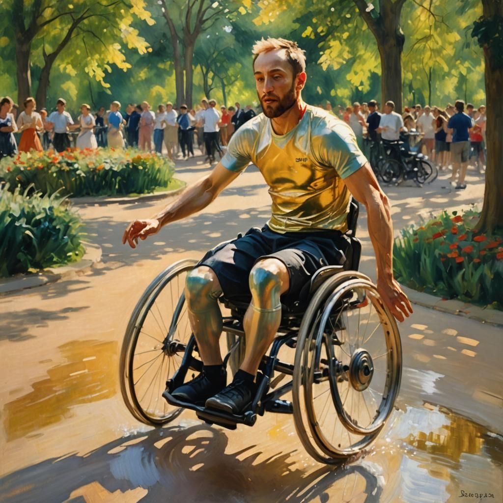 Paralympian Powers Wheelchair: Impressionist Oil Painting