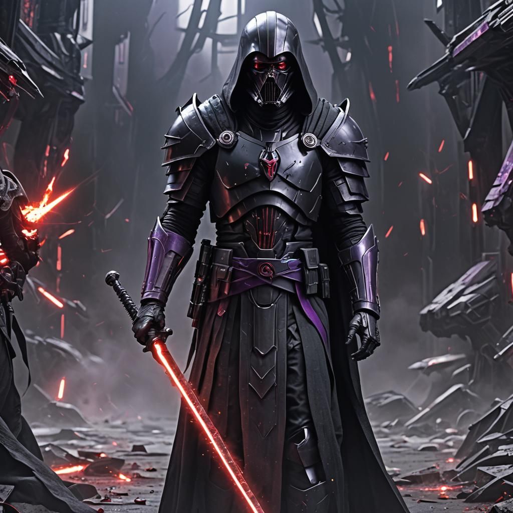 a hyper-realistic details cinematic scene sf MALE LORD OF SITH ANGEL OF DEATH LONG BLAC nanotechnology armor  DRESS AND ...