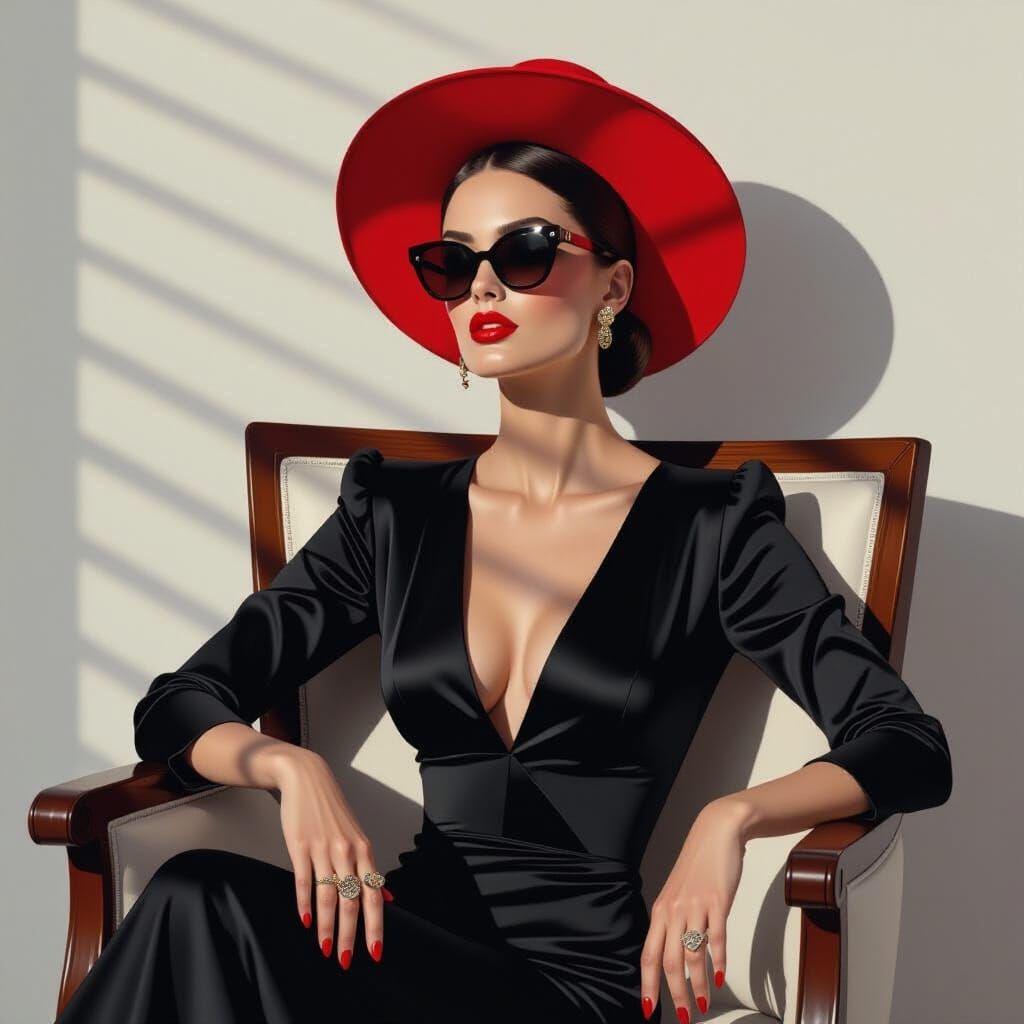 Stylish Woman in Geometric Shadows, Hyperrealistic Art