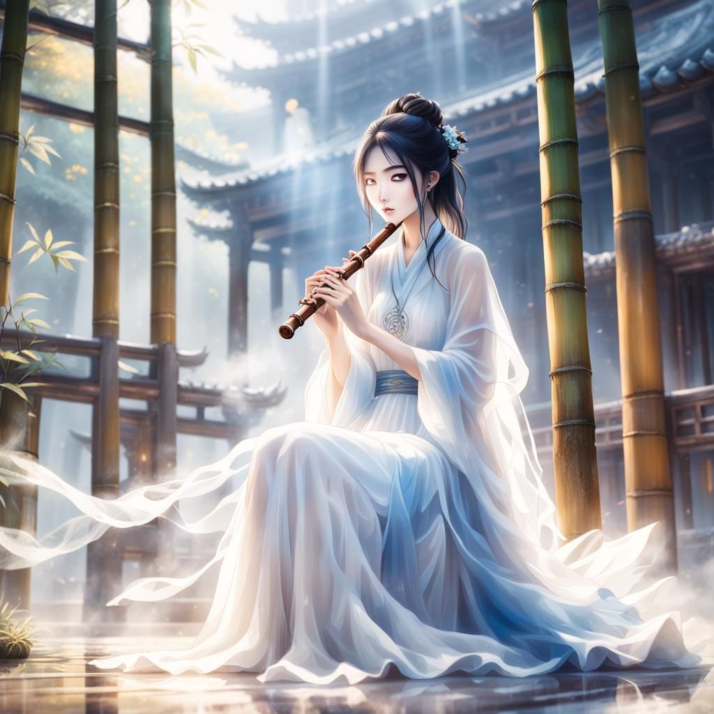 Ethereal Chinese Girl Playing Flute in Anime Style