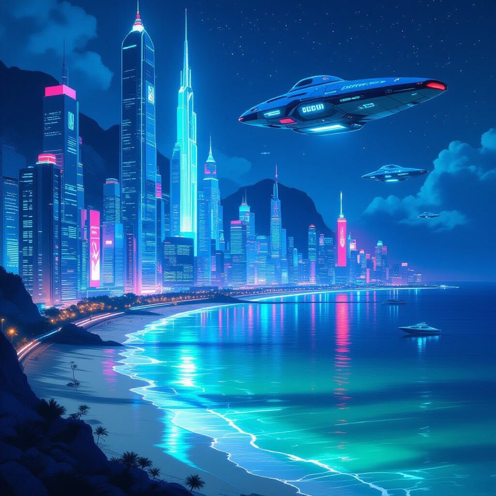 Futuristic Coastal City with Neon Lights and Spacecraft