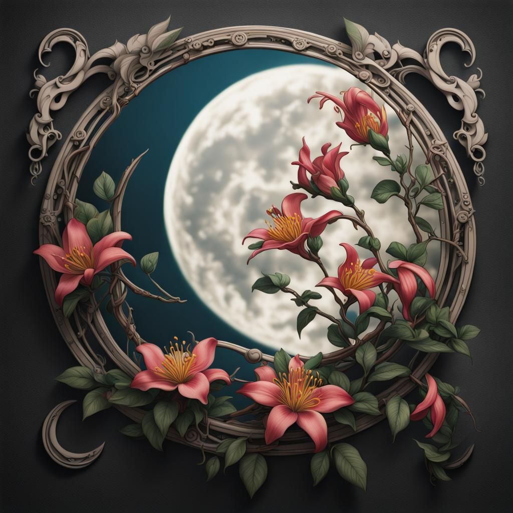 Tattoo of an elegant honeysuckle flower next to a crescent moon, natural, in the style of Banksy