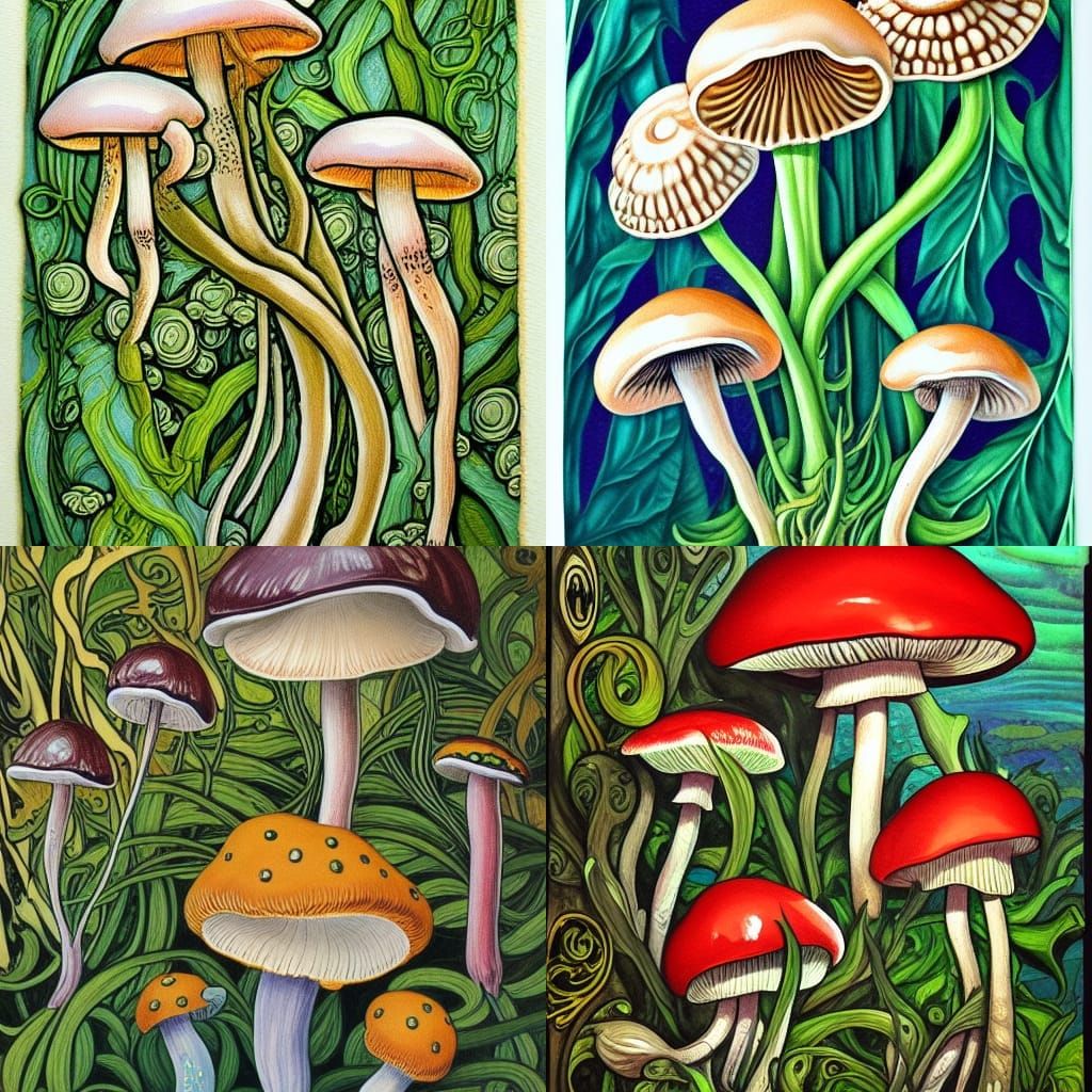 Biopunk Mushrooms in Art Nouveau Style