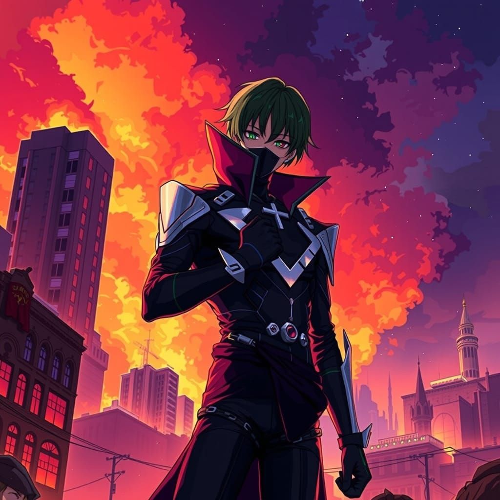 Lelouch Zero in Futuristic City Anime Style