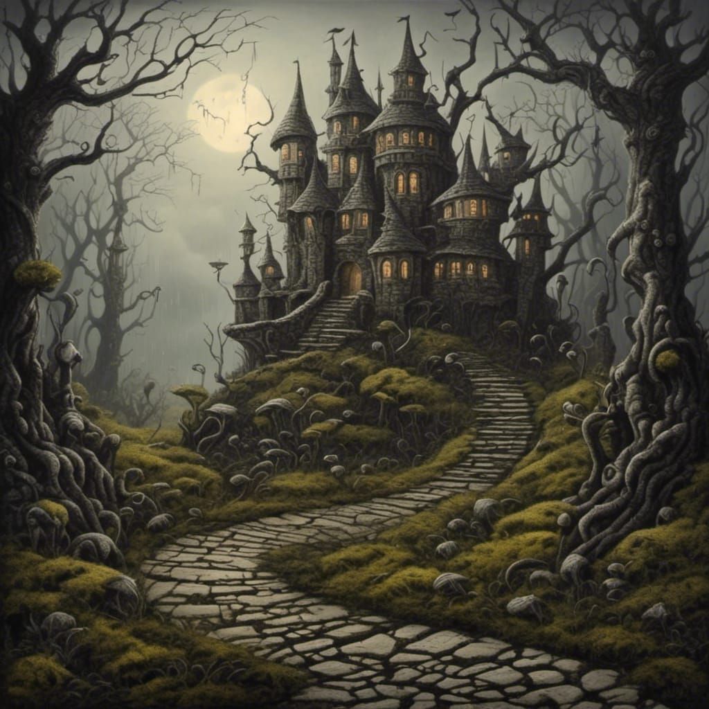 Whimsical Castle in Gloomy Forest, Tim Burton Style
