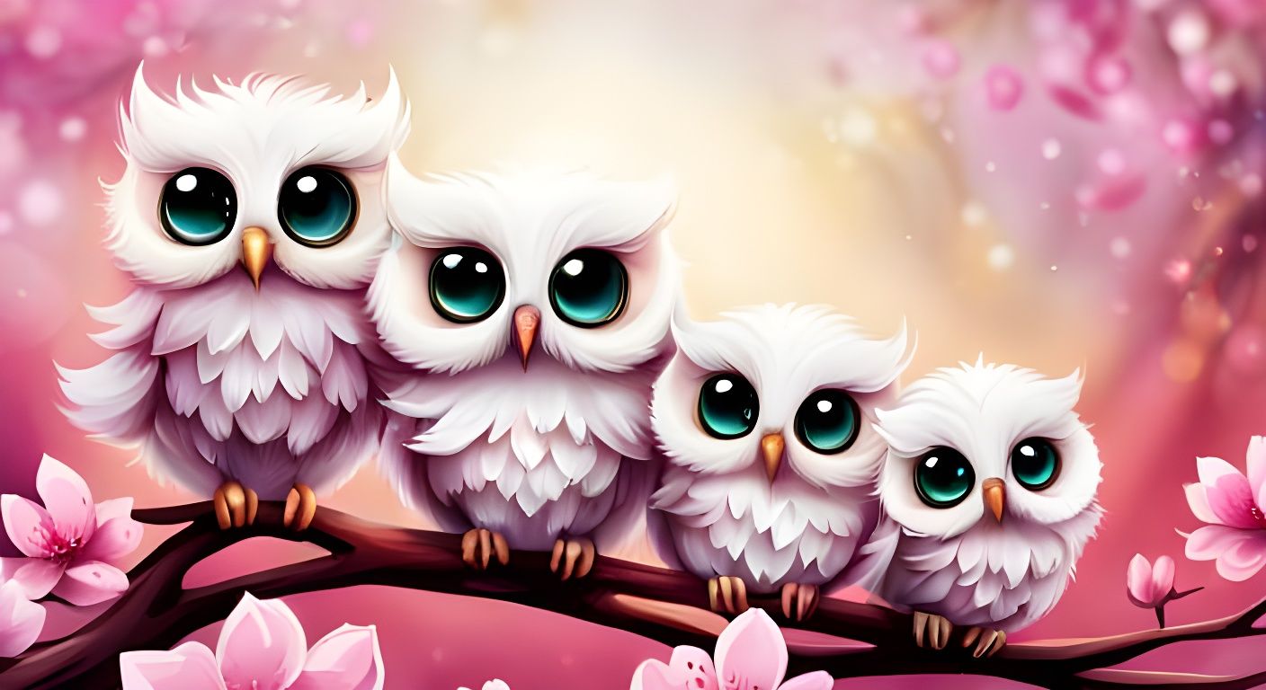 Pink Baby Owls in Sakura, Digital Oil Painting