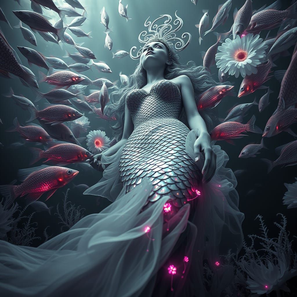 Surrealist Mermaid Dreamscape in Iridescent Gown and Shell H...