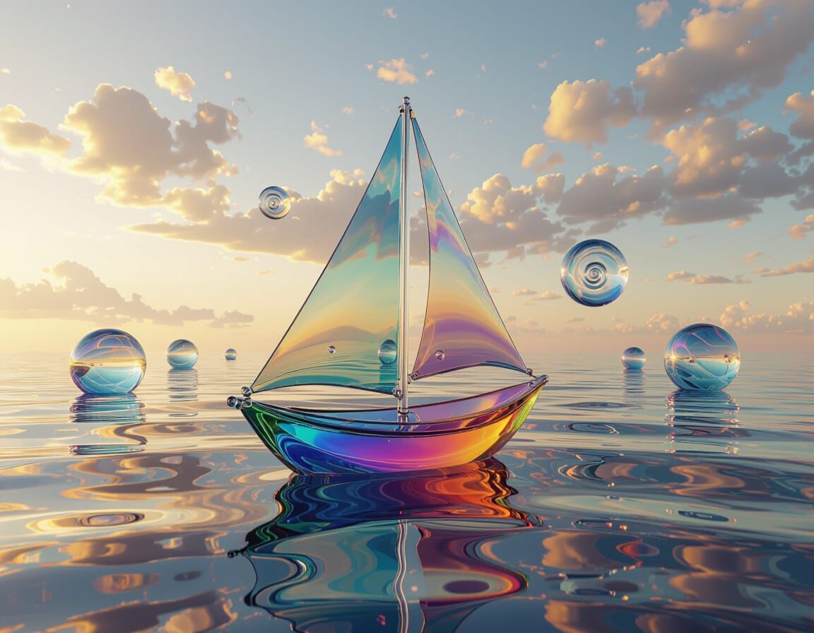 Translucent Glass Sailboat on Cosmic Sea