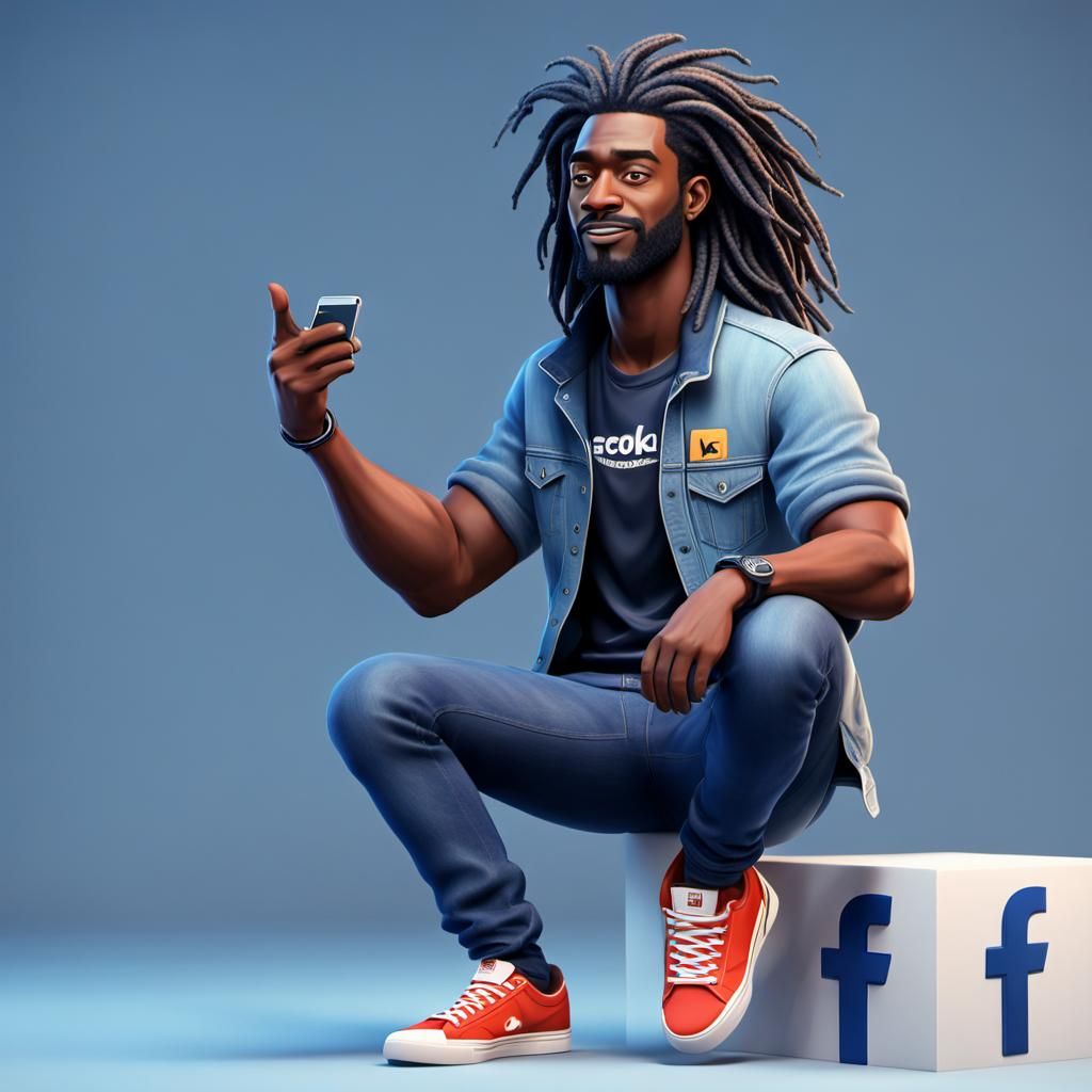 create a 3D illustration animated character man 35 year with long hair style sitting casually on top of facebook logo ""...