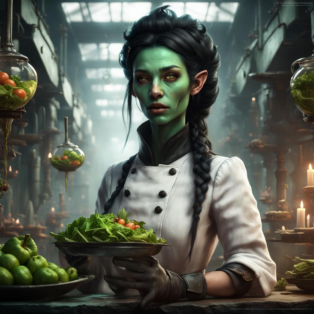 Green Elf Chef in Underground Lab, Fantasy Art