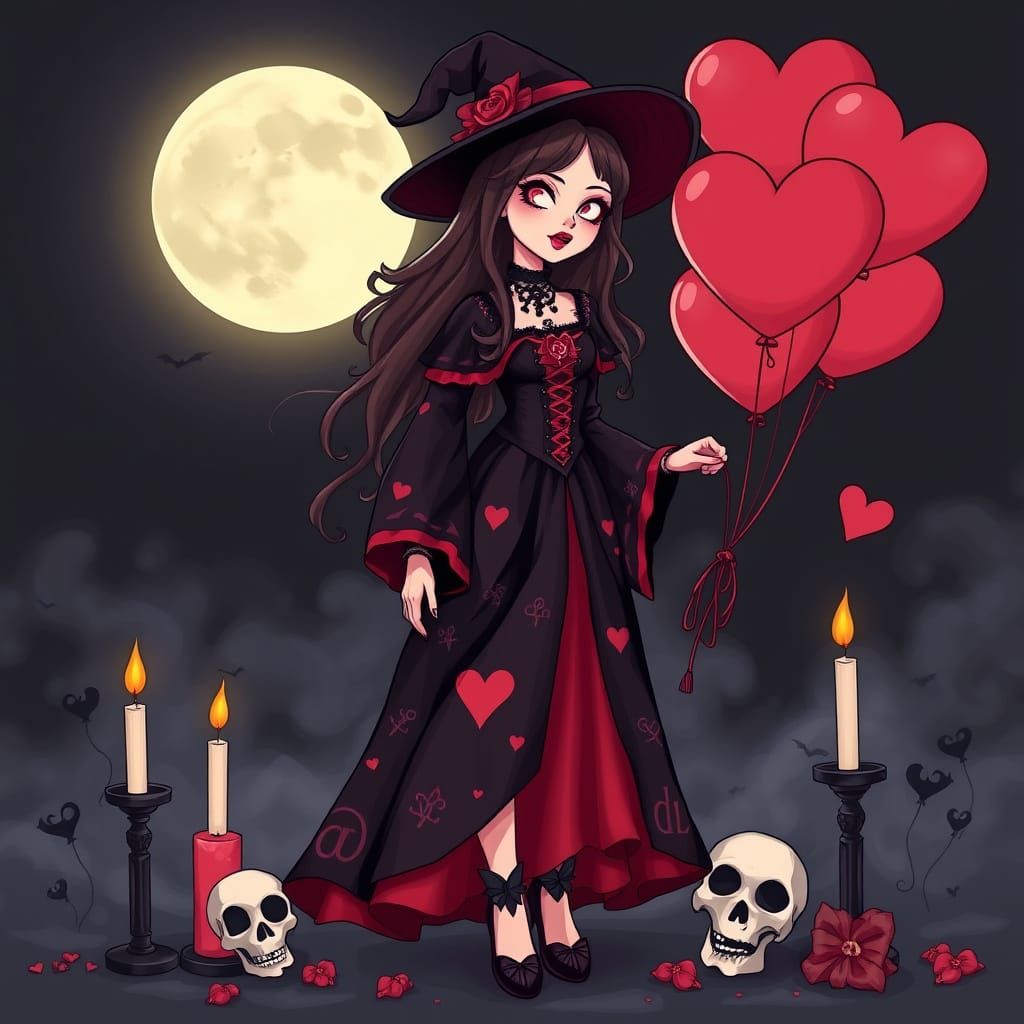 Gothic Valentine's Day Witch in a Dark, Mystical Landscape