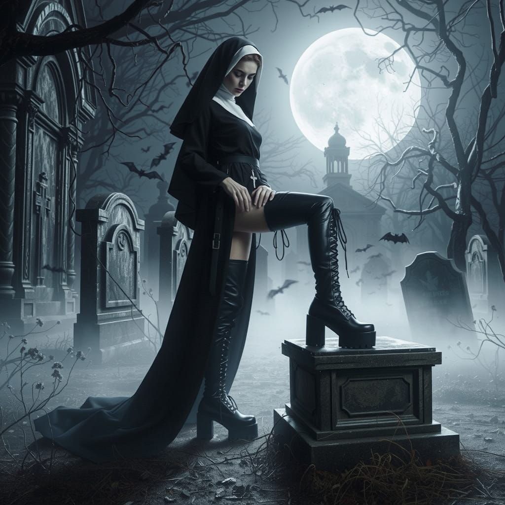 Gothic Nun in Moonlit Cemetery