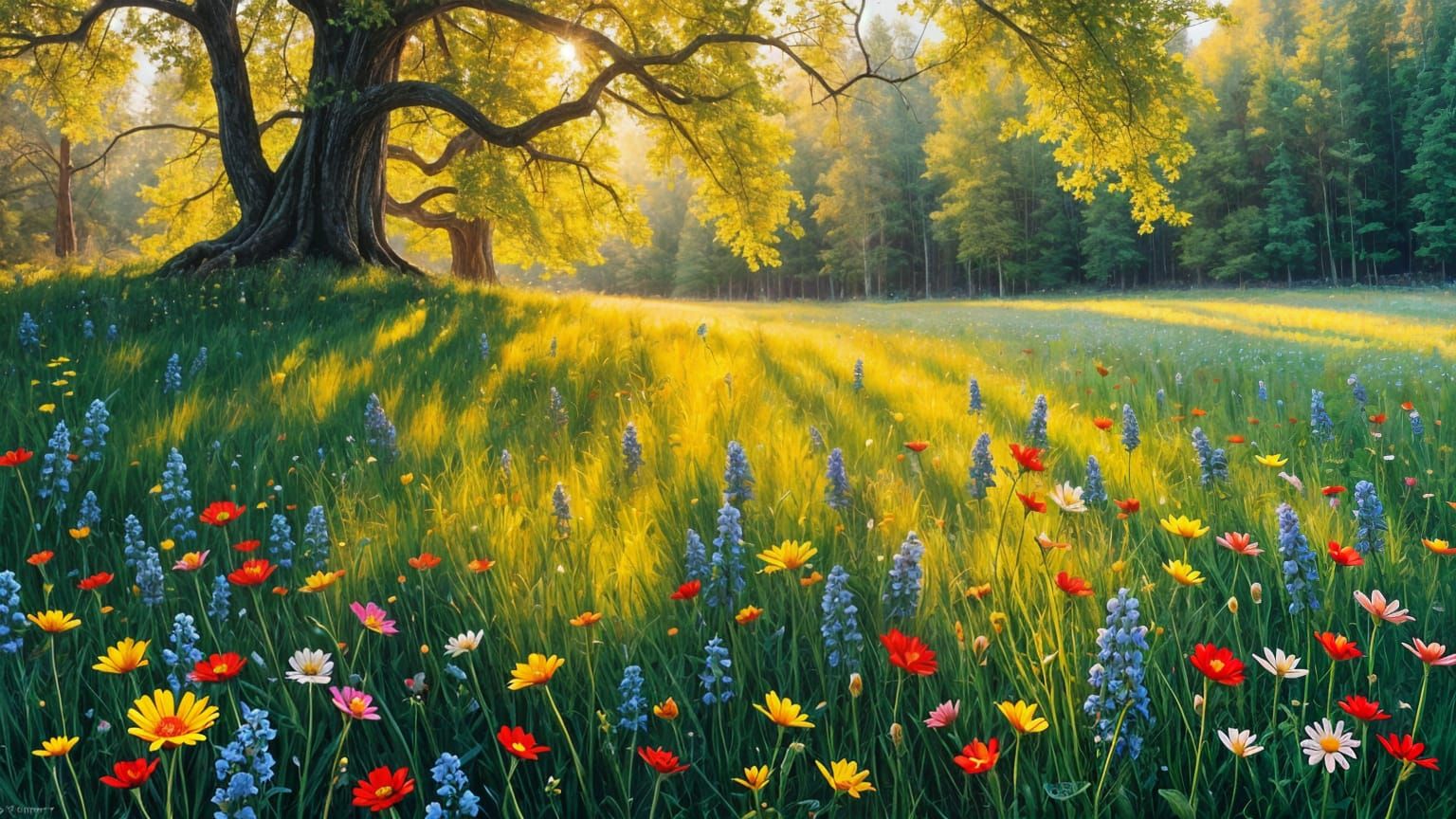 Sunny Forest Landscape with Blooming Flowers in Oil Painting